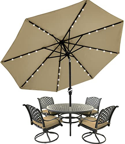 MASTERCANOPY Sombrilla de patio con 32 luces LED solares y 8 varillas (9 pies, caqui)