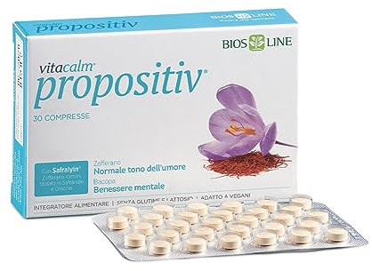 BIOS LINE VitaCalm Propositiv, Integratore alimentare con Safralyin, Polvere di stimmi di Zafferano ed estratto di Bacopa, 30 Compresse per regolarizzare l'umore e ritrovare la positività