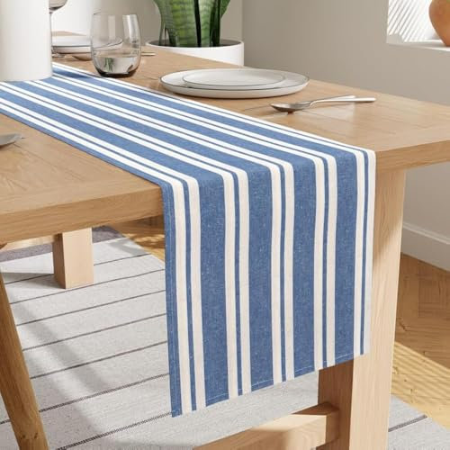 Encasa XO Chemin de Table en Coton | Taille 32x230 cm | Rayures Bleues Franca - Lavable en Machine et Durable