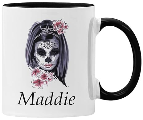 Plumfoolery Personalised Sugar Skull Day of The Dead Mug Any Name or Text Gift for Her (Black)