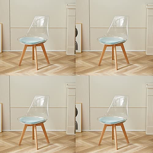 GrandCA HOME Pack 4 Sillas de Comedor con Respaldo Transparente y Patas de Madera, Sillas Tapizadas Sillas Nórdicas para Cocina Comedor (Verde/Terciopelo)