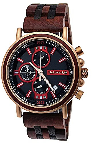 Holzwerk Germany Handgefertigte Designer Herren-Uhr Öko Natur Holz-Uhr Chronograph Armband-Uhr Analog Quarz-Uhr Braun Rose Gold Datum Holz Ziffernblatt (Holzwerk-Braun-Rosegold)