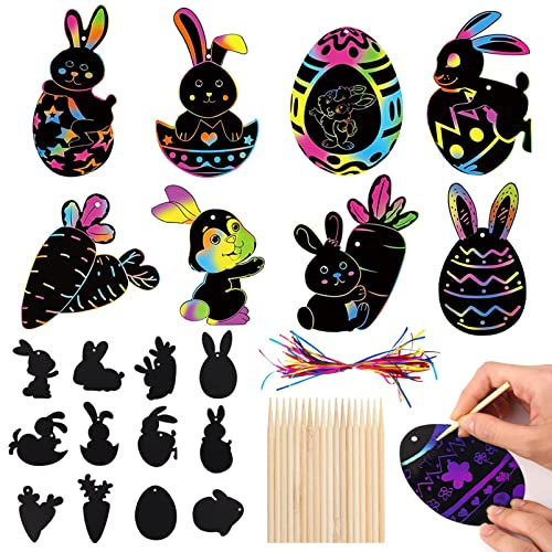 48 Stuck Kratzbilder für Kinder,Ostern Kratzbild,Kinder Kratzpapier Ostern Dekoration,Oster Bastelsets,Kinder Regenbogen Scratch Art