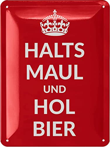 LANOLU Retro Blechschild - HALTS MAUL UND HOL BIER - lustiges Sprüche Metallschild für Bierliebhaber - Bar Deko, Partykeller Dekoration, Werkstattschild aus Metall 15x20 cm