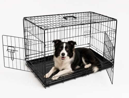 UNDERDOG Metal Dog Crate/Cage – Pet Black Metal Folding Cage with 2 Doors Sliding Chew Resistant Plastic Base Tray Heavy Duty Puppy Training Solution (36 large, Dog Crate)