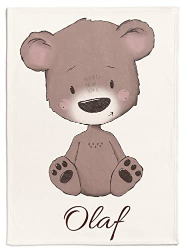 Personalisierte Babydecke mit Wunschtier, Name, Geburtsdatum und Motivfarbe (Braunbär)