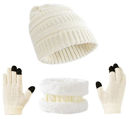 Tinncana 3 pièces enfants bonnets d'hiver gant écharpe ensemble, bonnet tricoté pour tout-petit chapeau écran tactile mitaine cache-cou pour garçons filles (Blanc)