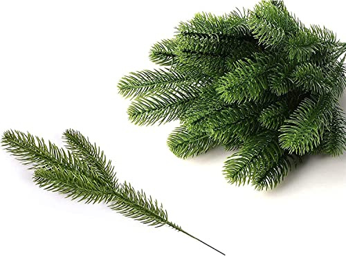 10Pcs Artificial Pine Branches, Green Leaves Needle Faux Fir Tree Branches Christmas Foliage,Fake Pine Leaves Wreath Garland Making Supplies Greenery Decoration DIYChristmas Home Garden Decoration