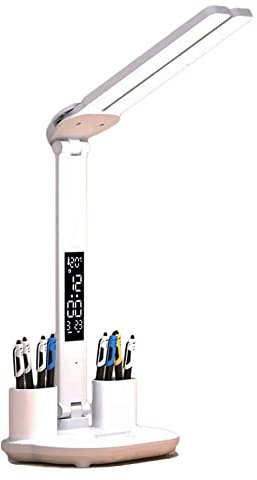 LED Desk Lamp with Dual Heads,USB Charging Touch Control Table Lamps 3 Colors 5 Brightness Eye-Caring Reading Light Bedside Phone Holder 3 in 1 LCD Calendar Temperature Alarm