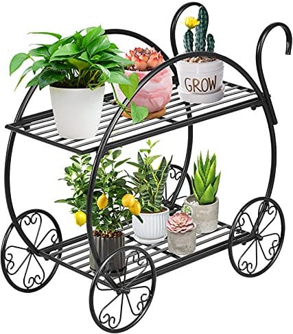 COSTWAY Pflanzenregal Blumenregal 2-stufig, Blumenständer freistehend, Blumentreppe Metall, Pflanzentreppe schwarz Pflanzenständer für Balkon Garten Terrasse