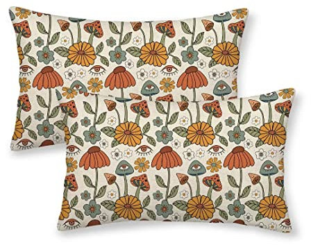 BETGINY Boho-Kissenbezüge, 30,5 x 50,8 cm, Gelb, Orange, lustig, niedliche Pilze, Retro, dekorative Outdoor-Kissenbezüge, 70er-Jahre, Vintage-Blumenmuster, Leinen, Bauernhaus für Couch, Sofa, Sommer,
