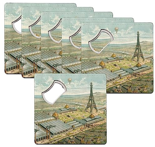 sous Verre Décapsuleur - Exposition Universelle Paris 1889 Paris Dessin Vue Aerienne Tour Eiffel - Lot de 6 (92 x 92 mm)