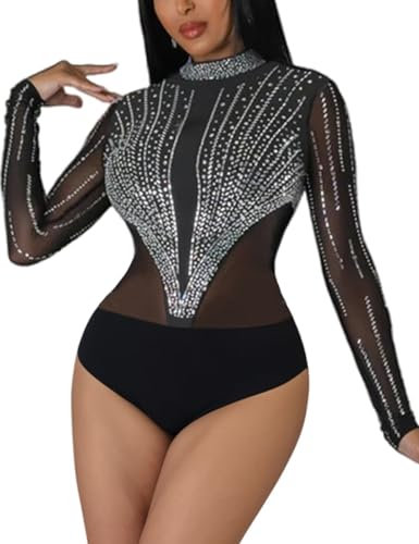 MAYFASEY Damen Strass Nieten Mesh Body Langarm Mock Neck Sheer Body Tops, Schwarz, L