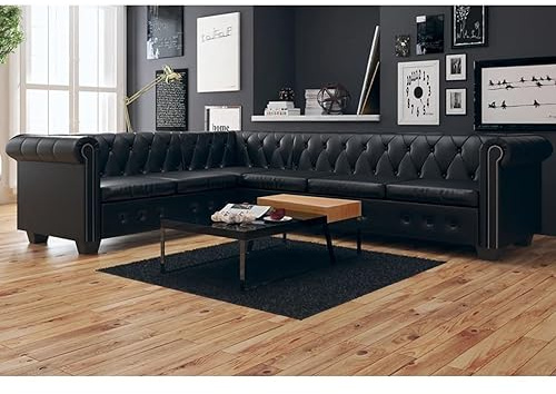 BaraSh Sofá de Esquina Chesterfield 6 plazas Cuero Artificial Negro Silla Terraza Exterior Butacas Jardin SofáS De SalóN