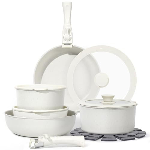 SODAY 15Pcs Pots and Pans Set Non Stick, Cookware Sets with Detachable Handle, Nonstick RV Kitchen Cooking Tools Removable Handles, Oven Safe, Induction Fast, Stackable Induction Cookware, White