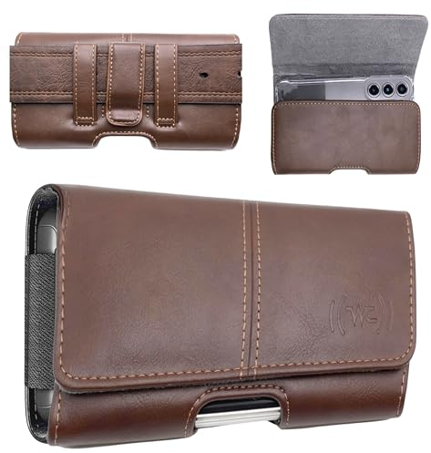 Wireless City Leather Phone Holster for iPhone 17/17 Pro 16/16 Pro/16e 15/15 Pro 14/14 Pro 13/13 Pro 12/12 Pro 11 XR Horizontal Belt Clip & Loop Phone Pouch Magnetic Closure Phone Holder for Men Brown