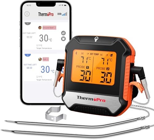 ThermoPro Fleischthermometer Digital Grillthermometer Funk Bratenthermometer mit 2 Sonden für BBQ Smoker Aufladbares Küchenthermometer mit Alarmfunktion Unterstützt Handy Bluetooth 5.0 bis zu 135m