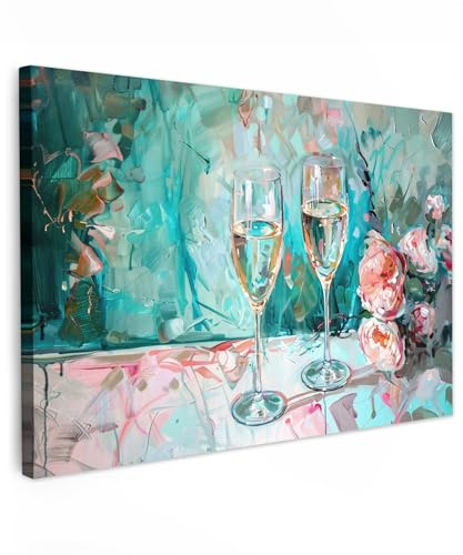 MuchoWow© Leinwand Bilder Wanddeko Wohnzimmer Aesthetic Room Decor Deko | 60x40 cm - Zimmer Wandbilder Modern Bild auf Küchenbilder - Küche - Champagner - Malerei - Blumen - Kunst