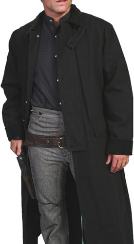 Men's Western Old COWBOY Long Duster Coat Full Length Canvas Jackets, Black, 3XL
