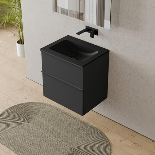 BERNSTEIN Badmöbel-Set Lavoa, Waschtisch-Unterschrank mit Waschbecken 80cm in Anthrazit - CREAM - Schwarz matt ohne Hahnloch - 2 Schubladen, Griffe in Anthrazit, 5 Jahre Garantie