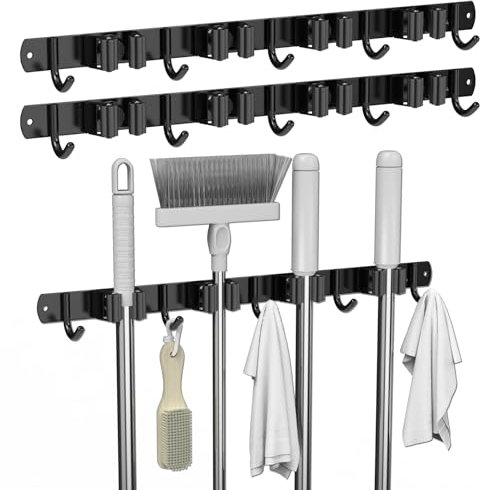 3-H Besenhalterung Wand 2 Stück, 2-in-1 Dual Montage (Stabile Schraubmontage oder wandschonend selbstklebend), Edelstahl Gerätehalter Wandhalterung für Garten Garage Keller(4 Halter & 5 Haken,Schwarz)