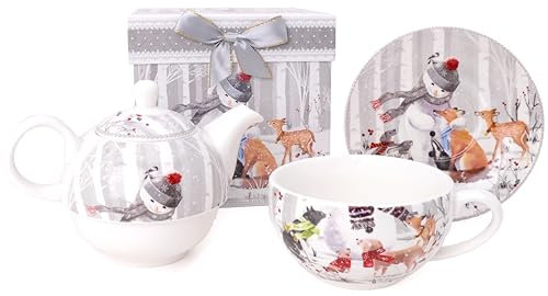 Christmas Concepts® Gamma di stoviglie in Ceramica di Lusso Snowman & Friends (teiera, Tazza e piattino)