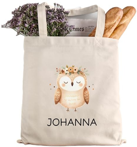 kleinebuchstaben Personalisierte Baumwolltasche Stofftasche mit Wunschname - Kinder Beutel Jutetasche Kindertasche & Wunschname - Wechselwäsche - Tragetasche Jutebeutel (Eule schlafend)