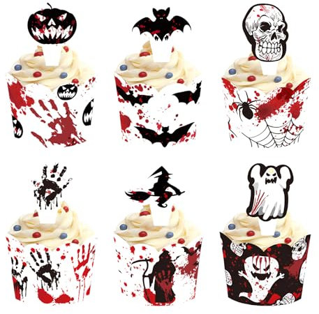 Halloween Cupcake Toppers und Wrappers - 24 Stück Muffins Kuchen Deko Mit Kürbis, Geist, Fledermäuse - Horror Topper für Mottopartys, Desserts