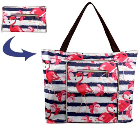 Rayson Faltbare Strandtasche Damen mit Reißverschluss Groß 46x10x43 cm Sommertaschen Badetasche xxl Familie Handtasche Shopper(Bold Stripe Flamingo)