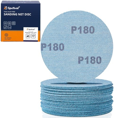 SpeTool 5 Inch Sanding Disc Net, 180 Grit Ceramic Aluminum Oxide Mesh Sandpaper, 30 Pieces Hook and Loop Sanding Pads For Random Orbital Sander, Wood Drywall Metal Processing