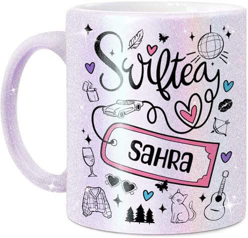 Tassenliebling® Swiftea personalisierte Glitzer Tasse mit Namen - Beidseitiger Druck - Geschenk für beste Freundin, Kollegin - Perlmutt - 330ml Keramik