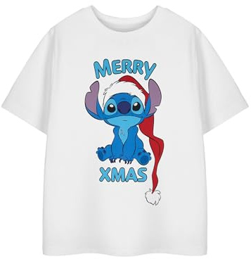 Disney Lilo & Stitch Girls White Short Sleeved T-Shirt | Merry Xmas Stitch Graphic Tee for Kids | Cartoon Crew Neck Xmas Apparel | Holiday Casual Wear Top Lilo & Stitch Brand Merchandise