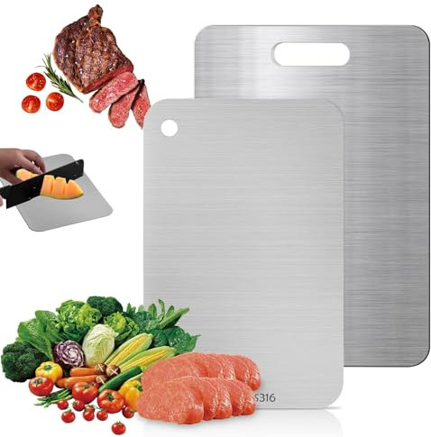 Funnity 2 Pezzi Tagliere Acciaio Inox, Tagliere da Cucina Bifacciale, Titanio e Acciaio Inox Alimentare