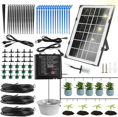 Sistema de riego solar automático, sistema de riego por goteo para plantas, con 12 modos de temporizador, sensor de agua, manguera de 15 m para jardín, balcón, plantas en macetas, vacaciones