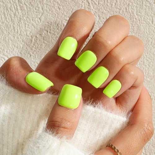 KQueenest Press on Nails Lot de 24 faux ongles courts avec colle – Vert fluo transparent à coller - Couleur unie - Faux ongles carrés - Pour femmes et filles