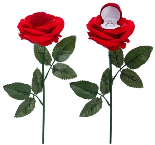 WEBEEDY 2 PCS Rose Ring Box Red Rose Shape Jewelry Box Romantic Ring Case with Stem for Proposal Flower Round Boxes for Birthdays,Wedding,Valentine's Day or Romantic Occasions Sweet Gifts for Lover