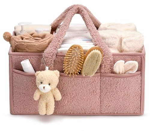 Flanliy Wickeltasche Organizer, Wickeltisch Organizer, Tragbarer Wickelkorb mit Herausnehmbaren Fächern, Plüsch Wickelorganizer mit Griffen, Baby Aufbewahrungskorb für Wickel und Babysachen (Rosa)