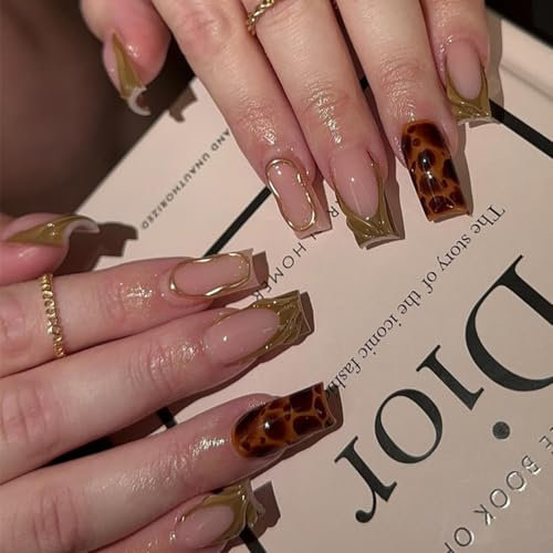 Luxury Leopard & Olive French Tip Press on Nails – 24PCS Square Acrylic Nails with Gold 3D Gel Design, Reusable Fake Nails for Women