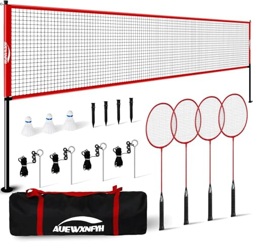 AUEWXNFYH Portable Badminton Set, Heavy-Duty Outdoor Net with 4 Rackets, 3 Shuttlecocks & Boundary Line for Backyard Lawn Beach Family Games
