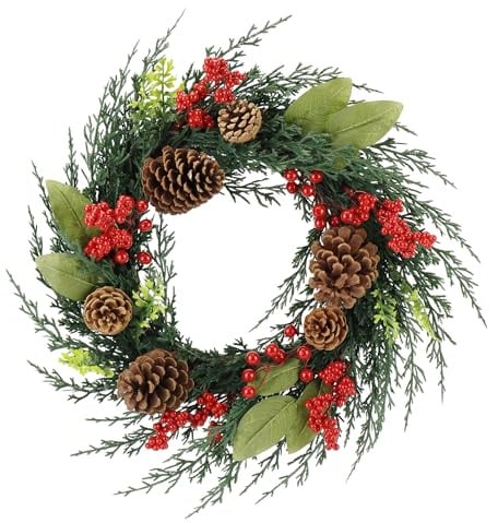 Zavothy - Ghirlanda natalizia per porta 50 cm, corona di Natale artificiale con pigne e palline di Natale, corona dell'Avvento, decorazione natalizia, decorazione per porta d'ingresso, verde scuro e