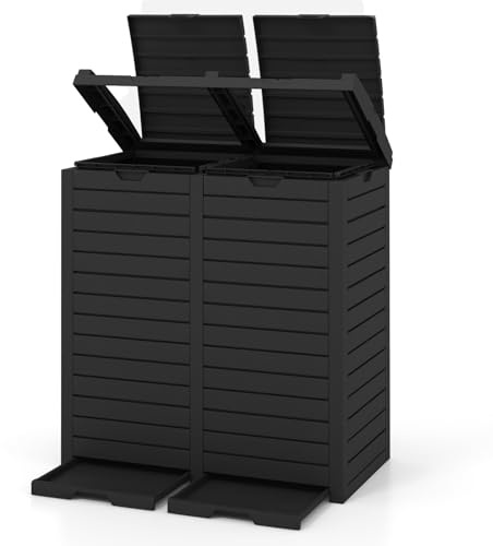 COSTWAY Pattumiera Differenziata da Esterno, Bidone Spazzatura Impermeabile con 1/2 Scomparti, Coperchio a Doppia Chiusura e Vassoio Estraibile e Maniglia (1, Nero, 235 L)