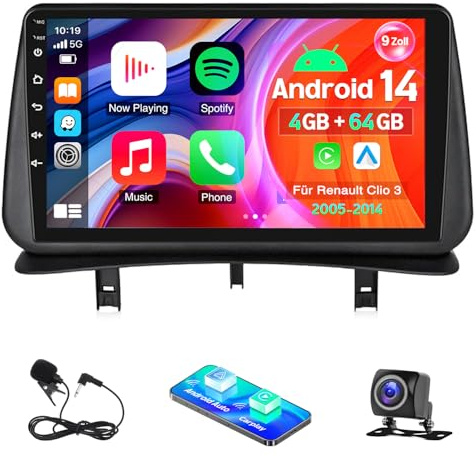 4+64G Android 14 Autoradio 2 Din für Renault Clio 3 2005-2014 mit Kabellos Carplay Android Auto 9 Zoll IPS Bildschirm, DSP Bluetooth EQ FM/RDS GPS Navi WiFi Lenkradsteuerung DAB+ Rückfahrkamera Mikro