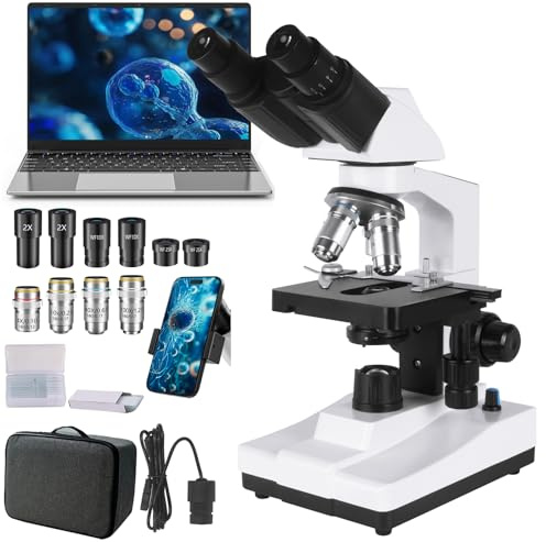 Microscope for Adults WF10x and WF25x Eyepieces, 40X-2500X Magnification, with HD USB Camera, Binocular Microscope for Lab Schools