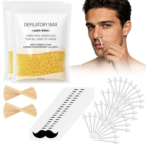 Beugo Nasenhaar Wachs Set, Nasenhaarentfernung Wachs, Nose Wax Kit | NasenlöCher Entfernen für Herren und Frauen, Nasenwachs mit 200g Wax Perlen, 40 Nasenwachs Stäbchen und 20 Moustache Stencils