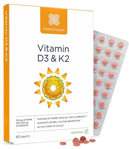 Healthspan Vitamin D3 & K2 | 60 Tablets | for Immune, Bone & Blood Health | 100ug Vitamin D3 & 100ug Vitamin K2 | Optimal Calcium Absorption and delivery | Pure, Active Form MK-7 | Vegetarian