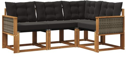 vidaXL Outdoor-Sofagarnitur mit Kissen 4 pcs Natürlich und Schwarz, Gartenmöbel, modernes Sofa-Set für draußen, Loungebereich, haltbare Terrasse zum Entspannen und Wohlfühlen