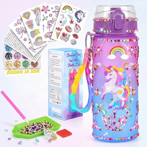 ZOVRIXIA Borraccia Unicorno Bambina, Borraccia Personalizzata Fai da Te | Pittura a Diamanti e Adesivi Gemme, Idee Regalo Bambina 5 6 7 8 9 10 Anni, Borracce Bambini Senza BPA con Cordino, 600ml