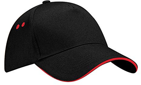 Beechfield - Gorra/Visera 5 paneles Unisex deportiva Modelo Ultimate sandwich - Verano/Piscina - 100% algodón. (Talla Única/Negro/Rojo)