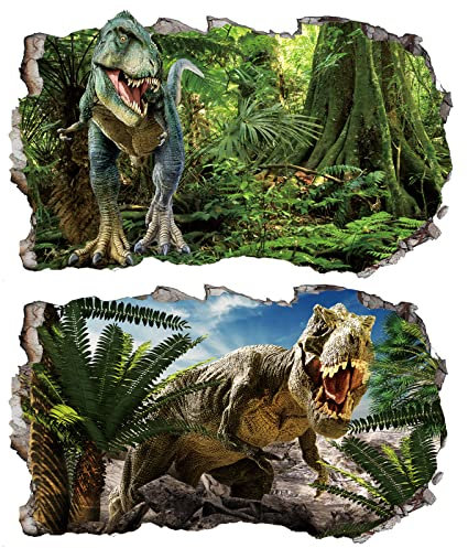 2Pcs Dinosaurier Dino Urzeit T-rex Wandtattoo 3D Effekt XXL Wanddurchbruch Fenster Wandaufkleber für Kinderzimmer Jungenzimmer Groß 1000mmx580mm v01