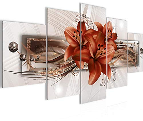 Runa Art - Bilder Blumen Lilien 200 x 100 cm 5 Teilig XXL Wanddekoration Design Beige Braun 008751b